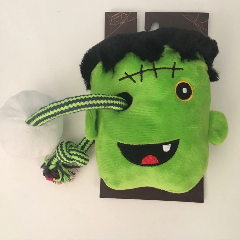 Dog Toy Green Frankenstein Plush with Rope and Eyeball Squeaker NEW